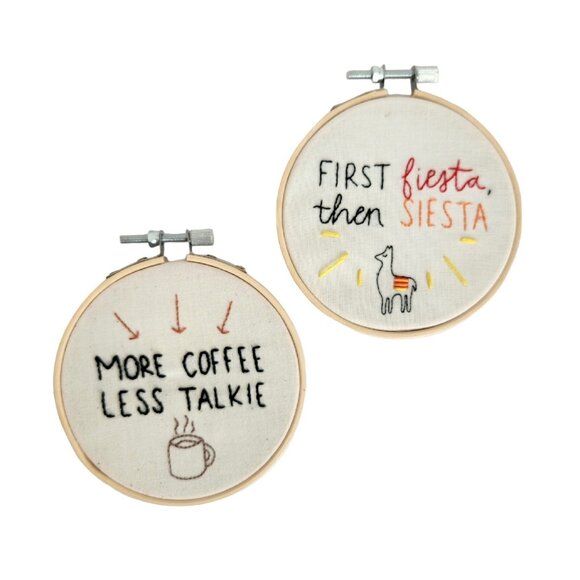 Lot Of 2 Hoop Embroidered Wall Art Completed Embroidery Coffee Llama Handmade - Picture 1 of 7